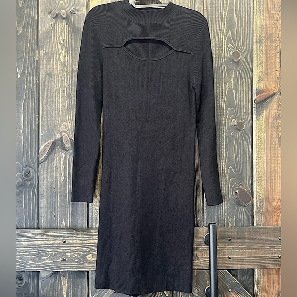 Carmen Marc Valvo Dress L Black Cutout Long Sleeves Bodycon Stretch Ribbed Knee - Picture 1 of 7